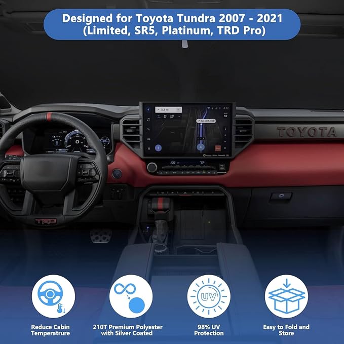 Windshield Sun Shade Fit 2021-2007 Toyota Tundra Limited SR5 Platinum TRD | HOHUIGO Car Front Window Sunshade Truck Accessories Fit Toyota Tundra Pickup Sun Visor UV Protector Heat Shield Cover - Image 3