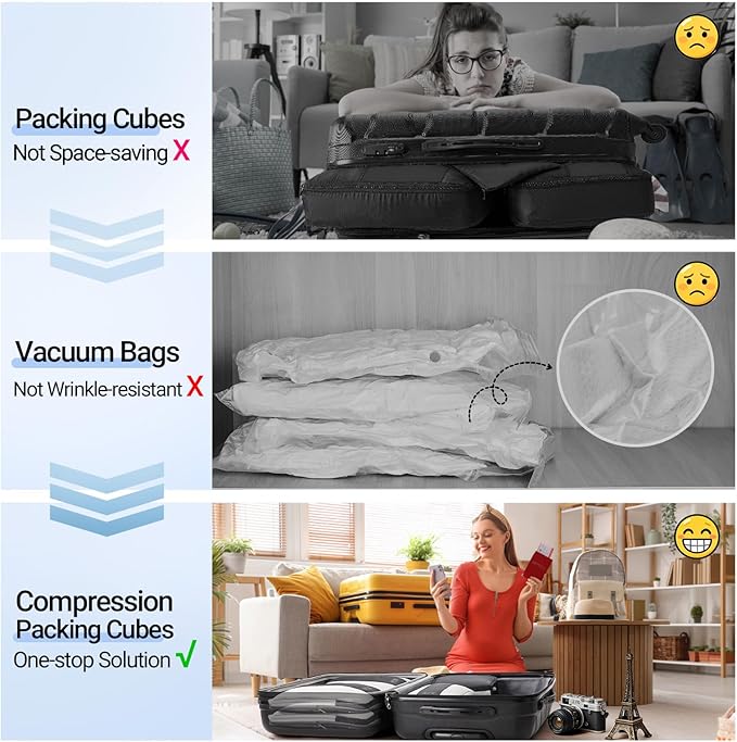 OlarHike 8 Set Compression Packing Cubes for Travel Essentials,Compressible Expandable Space Saver Bags for Organizing Clothes,Luggage Suitcase Garment Bags with Over 1000 pcs Mesh Holes(Black) - Image 7