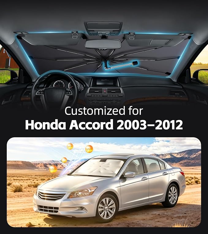 Windshield Sun Shade for Honda Accord 2003-2012 with 360° Rotating Shaft | Custom Fit Umbrella Sunshade for UV Blocking, Interior Heat Protection, Easy Storage, UPF 50+ Cool Windshield Cover - Image 2