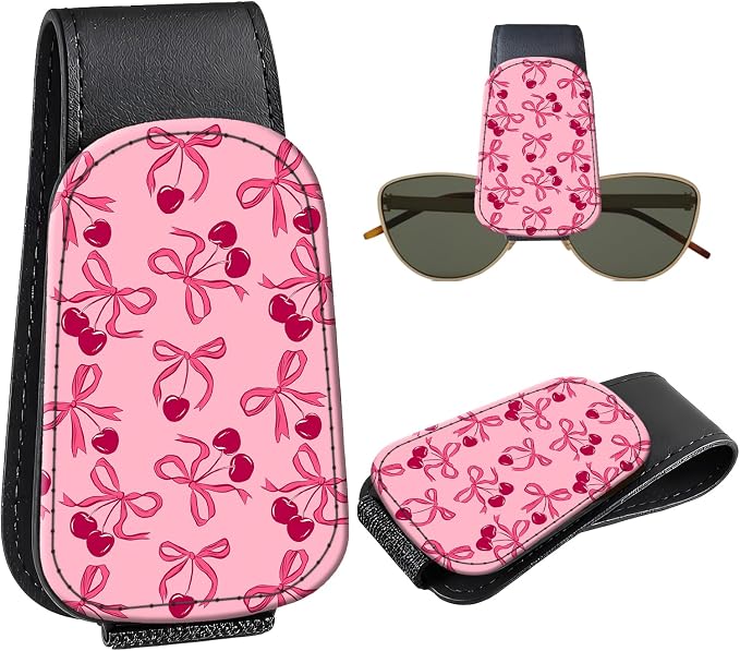 Leather Magnetic Sunglass Holder for Car Sun Visor, Cute Eyeglass Ticket Card Hanger Clip, Universal Auto Interior Accessories for SUV Pickup Truck, Pink Bow by Unknown