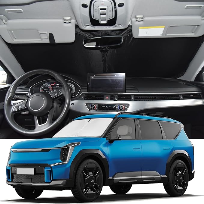 Windshield Sunshade for Kia EV9 2024 2025 2026 Sun Shade Windshield | Upgrade 4 Layers Blocks UV Rays Custom Fit EV9 Car Window Shade Front Windshield Keep Cool Foldable Car Accessories by ZOIBVCARSUNSHADE
