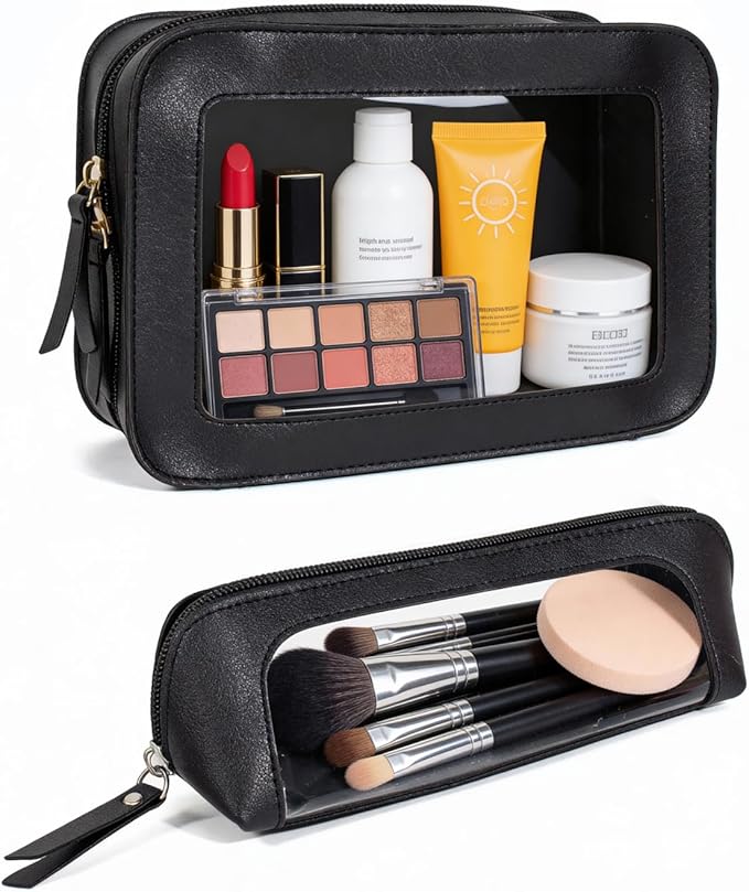 2Pack Clear Makeup Bags, Portable Clear Makeup Brushes Bag Case Travel Car Accessories Essentials,Slim Makeup Pouch for Purse for Women (2Pack-Black Set) by LETGO