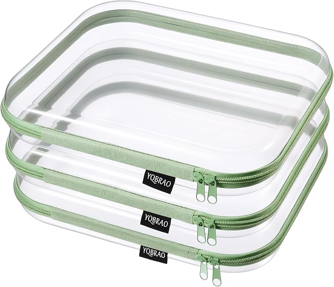 YQBRAO Clear Hard Shell Zipper Cases, 3 Large Travel Organizers, Green | Rigid 1.2 mm PET and YKK dual zippers for full-size toiletries, makeup palettes, electronics and craft supplies by Unknown