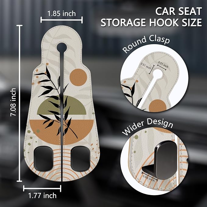 Blusabaca 2PCS Car Seat Headrest Hooks, Purses Bags Holder, Boho Leaves | PU Leather, Double Metal Back Storage Hangers for Grocery Bags Handbags Bottles Coats Phones, Car Accessories Organization - Image 5
