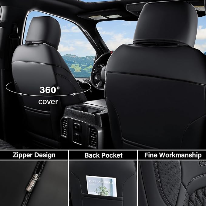 Coverado Custom Fit Front Seat Covers for Chevy Silverado/GMC Sierra 2007-2025 1500, 2015-2025 2500HD 3500HD Crew/Double/Extended Cab – Faux Waterproof Leather (Black) - Image 3