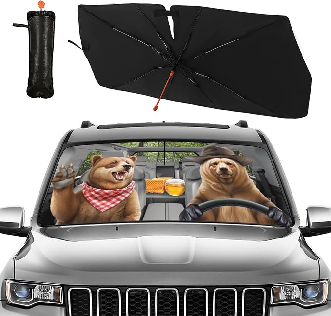 Funny Bear Driving Car Windshield Sun Shade Umbrella Fun Bear Sunshades for Car Windshield Upgraded Sun Visor Protector for Sedan SUV Most Vehicles Printed Front Window Shades - Image 2
