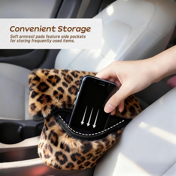 Fluffy Car Armrest Cover with Side Pockets – Plush Fuzzy Fur Center Console Armrest Cushion Pad, Universal Winter Car Interior Protector, Soft Arm Rest Cover with Storage for Women & Men (Leopard) - Image 4