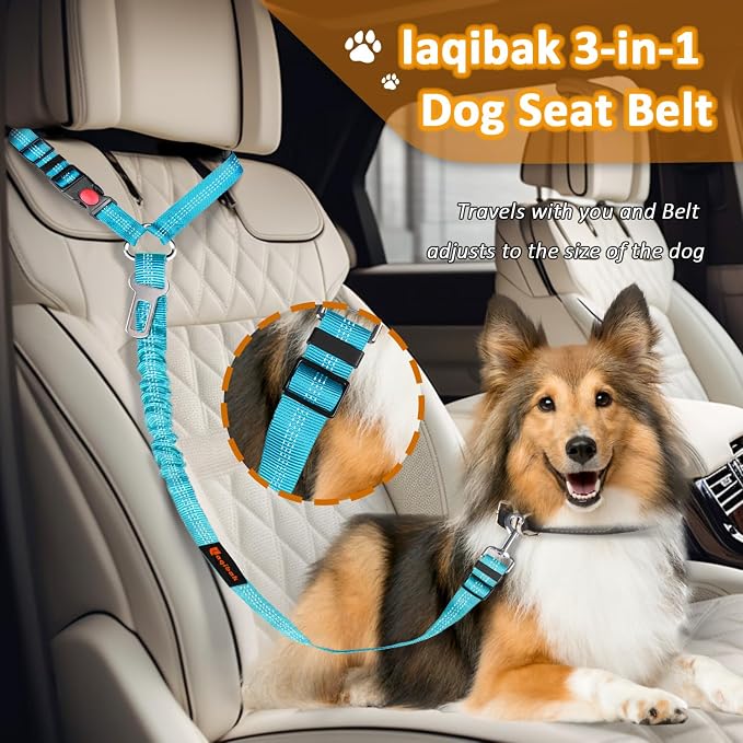 Laqibak Removable Dog Seat Belt Harness for Car, 3 in 1 Pet Seatbelt Leash | Retractable Headrest-Mounted,Restraint & Adjustable Reflective Bungee Dog Seatbelt Tether,Blue - Image 2