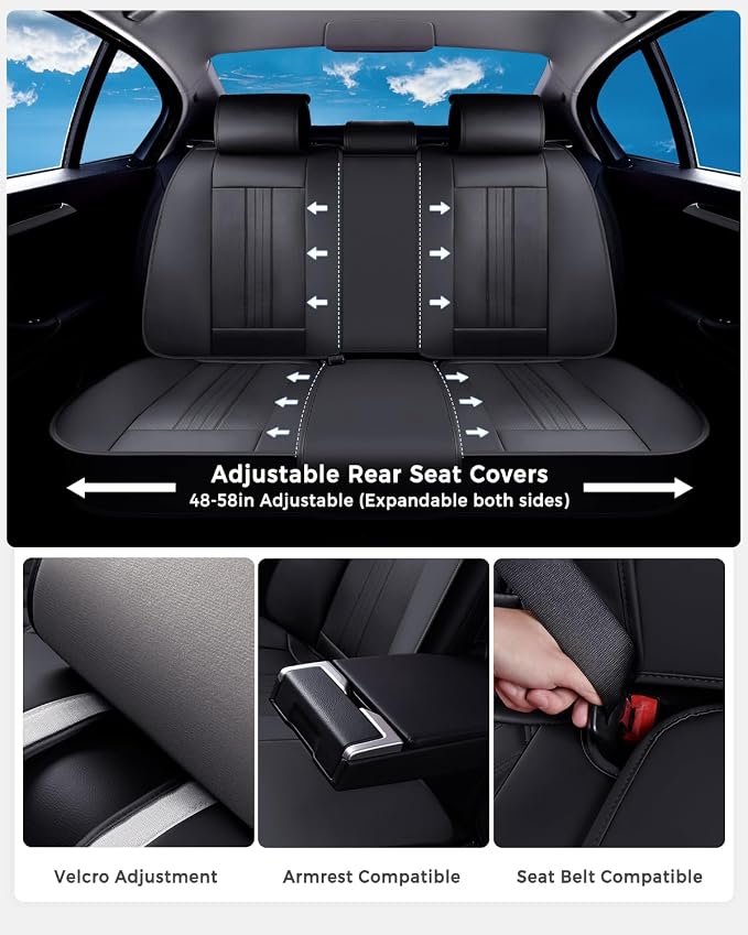 Huidasource Seat Covers, Luxury Faux Leather Car Seat Cover, Velcro Adjustable, with Airbags, Seat Belts, Thinning Design Perforation Cooling Heating Universal Fit for Most Cars Vans Trucks SUVs Black - Image 3
