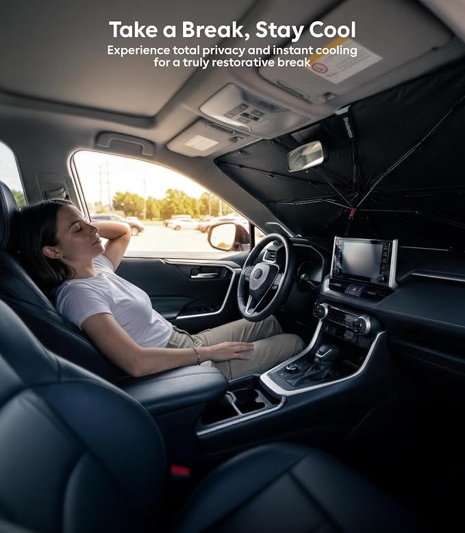 Wigoo Car Windshield Sun Shade Umbrella, A7 (43.5 * 21.9 in) | Universal, UV Block & Heat Insulation, Reinforced Shaft, Foldable Sunshade, Keeps Car Cool & Protects Interior - Image 9