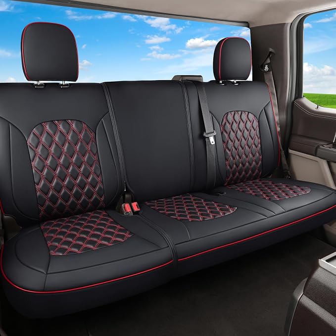 Huidasource F150 Rear Seat Covers, Split Back Leather Seat Cushion Cover Fit for 2015-2026 Ford F150 SuperCrew & 2017-2026 F250 F350 F450 Super Duty Crew Cab Pickup Truck (Back Row/Black&Red) by Huidasource