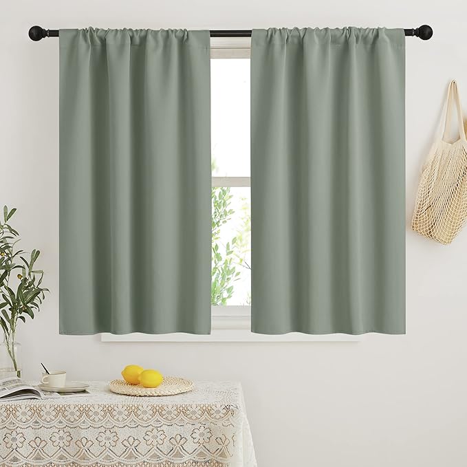 RYB HOME Short Blackout Curtains for Bedroom, Room Darkening Insulated | Rod Pocket, Summer Heat Light UV Blocking, Energy Saving, Drapes for Nursery, W34 x L45, Greyish Green, 2 Panels by RYBHOME
