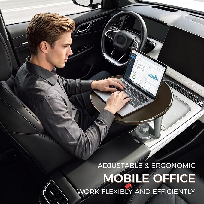 Wooden Car Tray Table with 360° Rotation, Height-Adjustable Car Desk for Laptop, Detachable Car Trays for Eating, Sturdy Steering Wheel Tray, Car Accessories Compatible with Tesla & Most Vehicles - Image 8