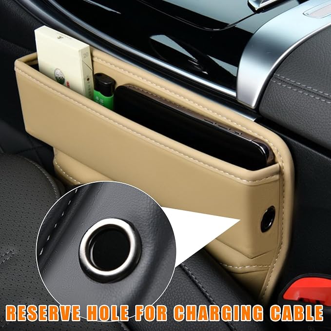 Ziciner Car Seat Gap Organizer, Premium Leather Auto Seat Storage Box, Vehicle Adjustable Front Seat Gap Filler, Car Seat Side Pocket Organizer for Phones, Glasses, Keys, Money, Cards (Beige) - Image 5