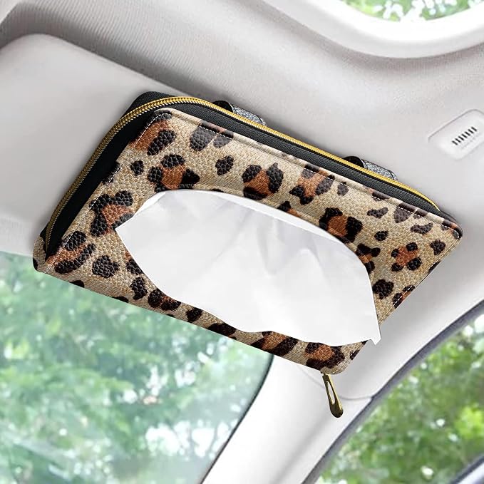Biyejit 2 Pack Car Tissue Holder, Leopard Print PU Leather Hanging Paper Towel Box, Auto Napkin Holder Cover Paper Tissue Dispenser for Sun Visor & Backseat Vehicle - Image 3
