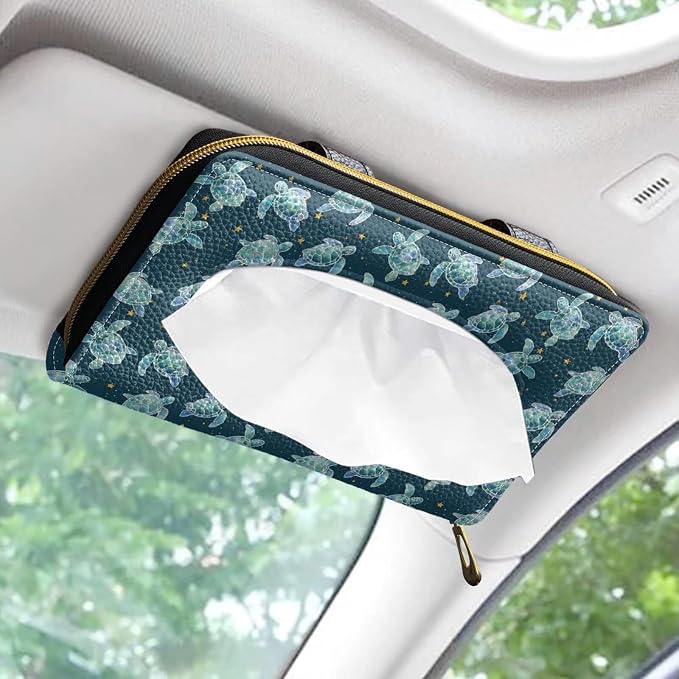 Biyejit Car Tissue Holder, Turtle Pattern Premium Sun Visor Napkin Case, Hanging Car Accessories Used to Organize Paper Towels and Storage Small Items - Image 2