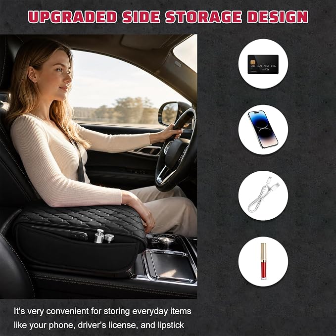 Car Center Console Cover, Memory Foam Auto Armrest Cushion Center Console Pillow Pad with Side Pockets, Anti-Scratch Leather Elbow Pillow Armrest Seat Box Protector for Most Cars (Black) - Image 5