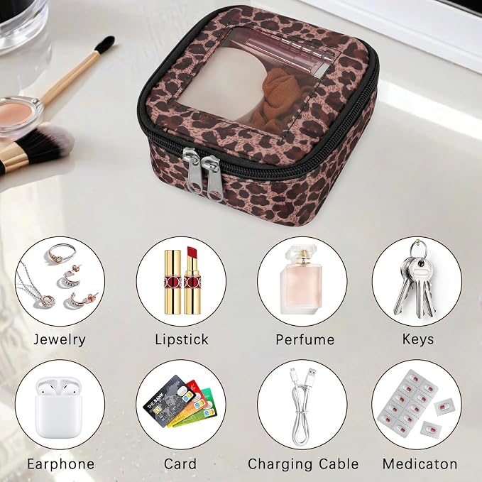 DOB SECHS Mini Leopard Makeup Bag for Purse 5.1'' x 5.1'' Small Makeup Bag for Car Cute Clear Cosmetic Bags with Zipper, Tiny Toiletry Bag Lipstick Organizer Pouch Case Travel Essentials Storage Pouch - Image 6