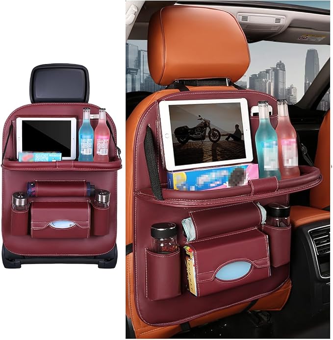 Leather Seat Back Organizer with Foldable Table Tray, Wine Red | kick-mat function, rear-seat protective surface, multifunctional use, fits most cars SUVs and trucks, interior item by Unknown