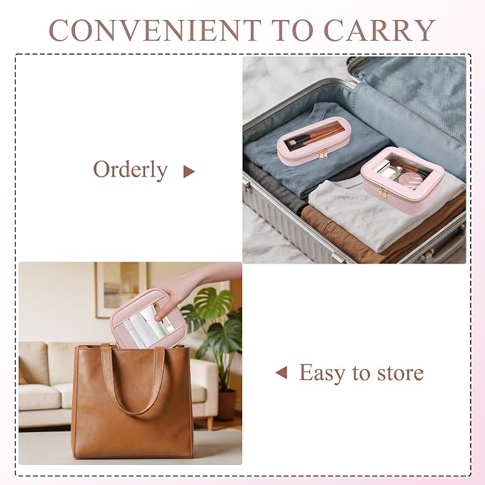 3-Piece Travel Clear Makeup Bag Set, Small Cosmetic Bag with Makeup Brush Case, Leather Waterproof TSA Approved Toiletry Bag with Zipper, Car Organization for Women (Pink-2, Mini+Slim+Medium) - Image 6