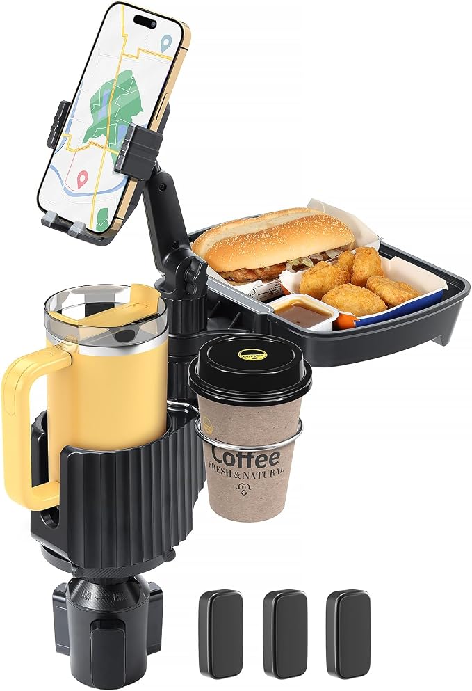 Car Large Cup Holder Expander, 4-in-1 Cupholder Extender with Phone Holder & Swivel and Detachable Snack Food Tray Table for Eating, Travel Essentials for Road Trips for Driver. Model F by Sancaral