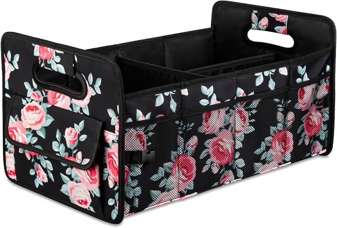 Car Trunk Organizer, Collapsible Car Organizers and Storage Black Floral | Sturdy, Large Capacity, Clean Decor, Multi Compartment Container Box, Adjustable Car Accessories for SUV Sedan Truck by JiatuA