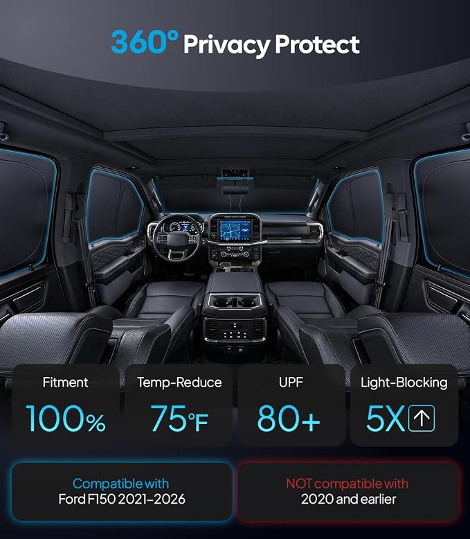 Wigoo 2026 6PC Full Set Window Sunshade for Ford F150 4Doors 2021-2026 | 7-Layer Cooler & Blacker, Ice-Crystal Tech, Full Set Shades With Windshield for Sun Block, Camping Accessories - Image 2