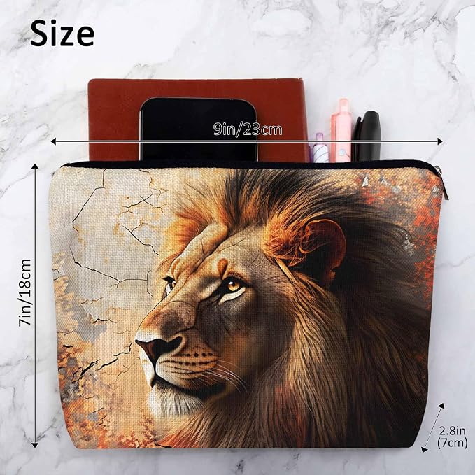 Makeup Bag Lion Makeup Bags For Purse Pouch, Wildlife Forest King Lion Travel Toiletry Bag Cosmetic Bag Makeup Bags Flax Makeup Organizer Bag Pencil Pouch For Man Woman, Brown - Image 4