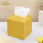HOMOTEK 2 Pack Tissue Box Cover, Square PU Leather Tissue Holder, Decorative Facial Tissue Cube Paper Organizer Dispenser for Bathroom, Night Stands, Desk, Car 5X5X5'' - Rattan Weave,Mango Yellow - Image 4