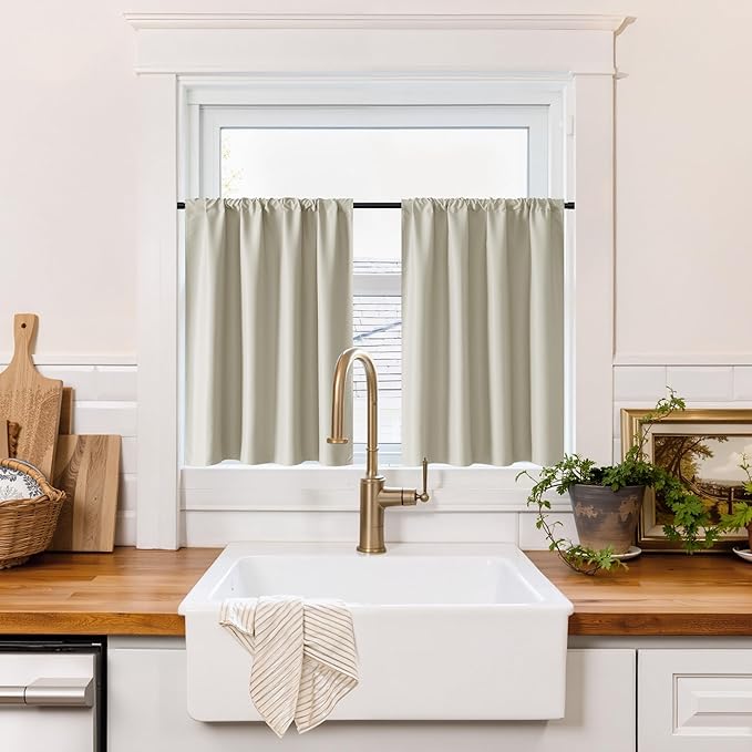 RYB HOME 100% Blackout Bathroom Curtains Over Sink 30 inches Long | Heat UV Blocking, Total Room Darkening, Noise Reducing, Curtains for Basement RV Campers, W42 x L30, Natural, 2 Panels by RYBHOME