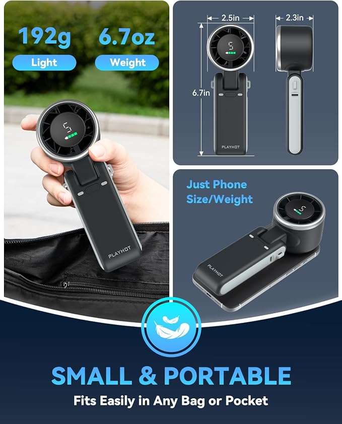 PlayHot Portable Handheld Turbo Fan, Travel Essentials, Gifts for Women/Men | 5-Speed, Up to 12H, 10m/s Airflow, USB-C Rechargeable, LED Display, 3-in-1 Foldable Personal Fan for Cruise, Beach, Vacation - Image 6