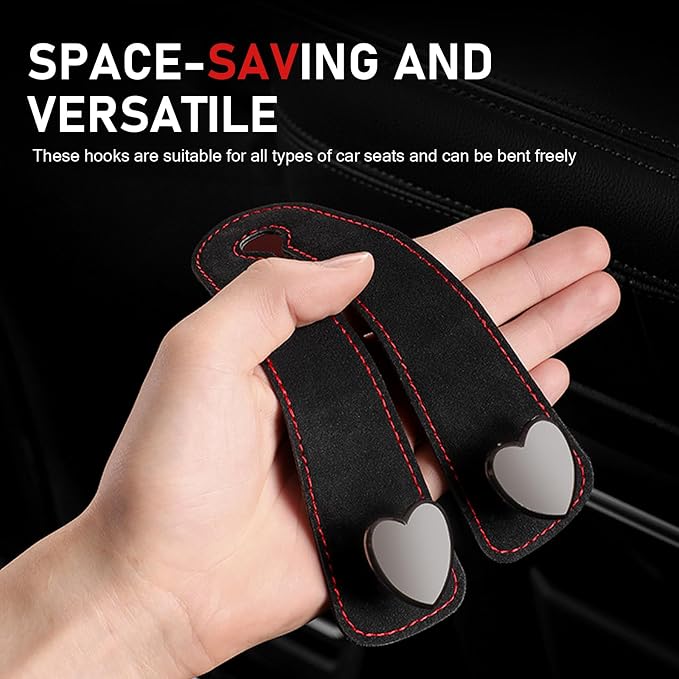 2 PCS Car Seat Headrest Hook, Suede Cute Heart Shape Metal Double Head Purse Hook, Universal Automotive Seat Back Storage Hanger, Car Accessories for Women (Black) - Image 3