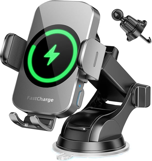 3-in-1 Wireless Car Charger Mount, 15W Fast Charging Auto-Clamping Phone Holder for iPhone 17 16 15 14, Samsung Galaxy S24 S23, Dashboard, Vent & Windshield Car Mount(Space Grey) by BothLin