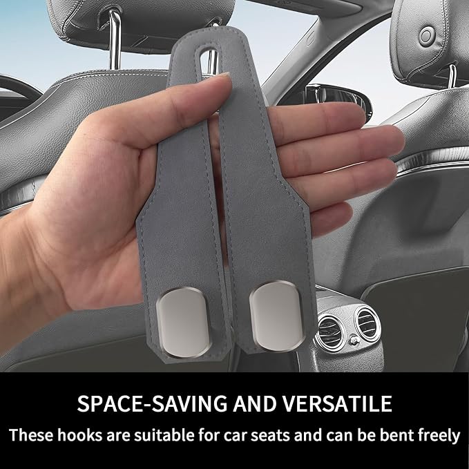 Car Purse Hook, Car Seat Headrest Hooks, Grey Leather 4 Pack | Car Purse Holder Hooks, Universal Car Hangers Seat Back Organizer Storage, Double Metal Hooks for Grocery Purses and Bags - Image 6