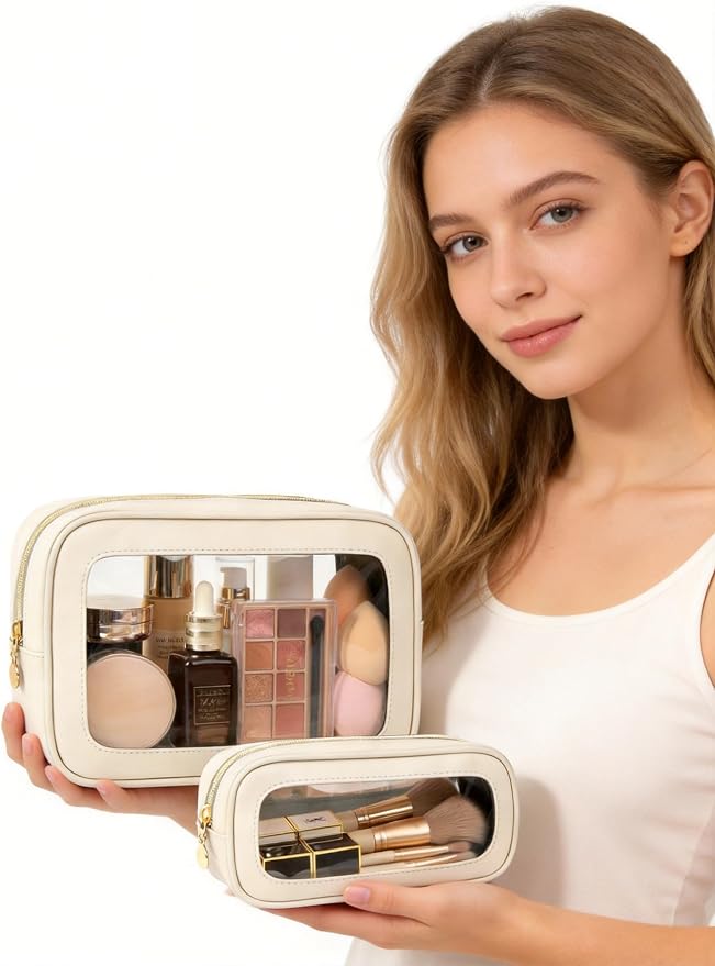 2Pcs Clear Makeup Bags Set, Clear Travel Makeup Brush Holder Leather Makeup Case Toiletry Bag with Zipper Portable Cosmetic Pouch Waterproof Makeup Brush Storage Bag Car Bag for Essentials - Image 2