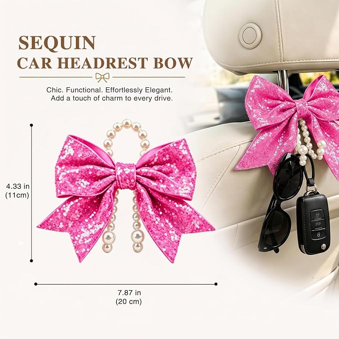 2 Pack Pearl Car Seat Headrest Hook with Bow & Sequin/Leopard/Polka Dot Design – Cute Purse Hanger for Vehicle,Grocery Bags, Umbrellas, Seat Back Organizer for Women (Rose Pink Sequins) - Image 3