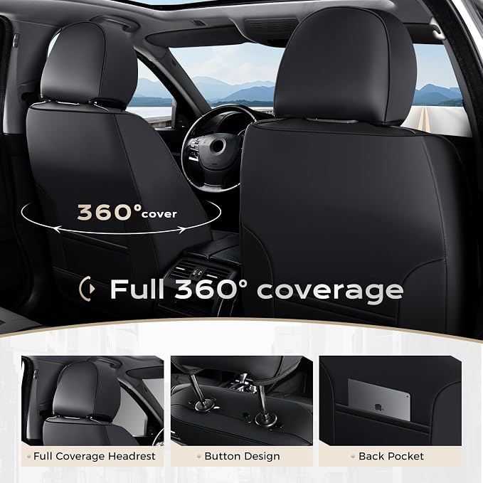 Coverado Car Seat Covers Full Set, Front Seat Covers with Lumbar Support and Back Seat Cover Waterproof Leather Automotive Seat Cover, Universal Car Interior Protectors Cushion for Most Cars - Image 4
