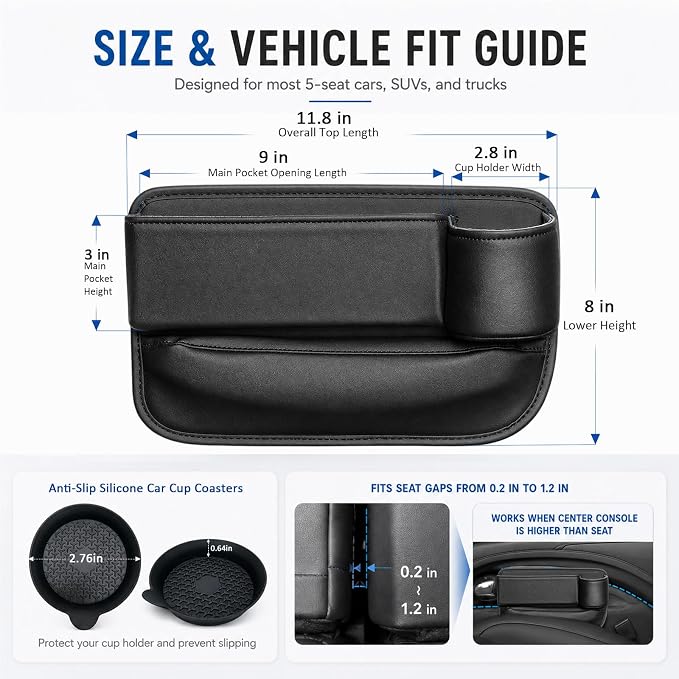 2 Pack Car Seat Gap Filler with Cup Holder – Anti-Drop Design | Universal PU Leather Seat Gap Organizer, Storage Box with Pockets & Cup Holders – Fits Most Vehicles - Image 5