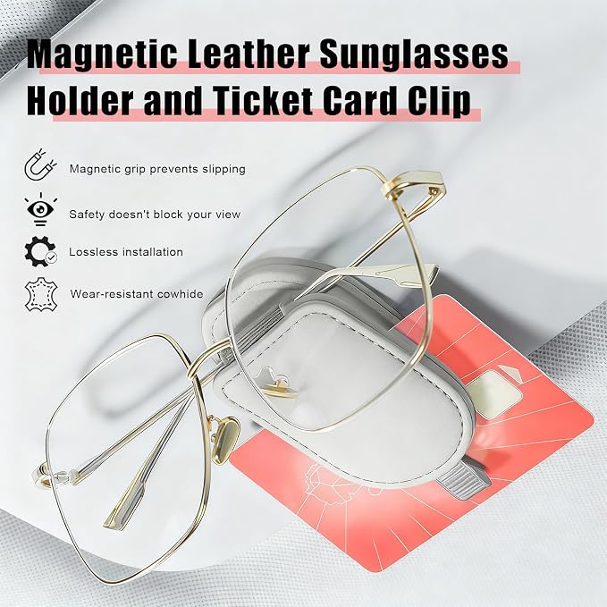 Sunglass Holder for Car Visor, Magnetic Leather Eyeglass Holder, Universal Car Sunglass Organizer Visor Accessories for SUV Truck Pickup, 2 Pack (Gray) - Image 3