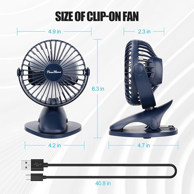 Portable Clip Fan Battery Operated,3 Speeds USB Rechargeable Mini Table Fan with Strong Airflow,360°Rotation Ultra Quiet Personal Desk Fan for Home Office Bedroom Dorm Stroller Camping - DeepBlue - Image 7