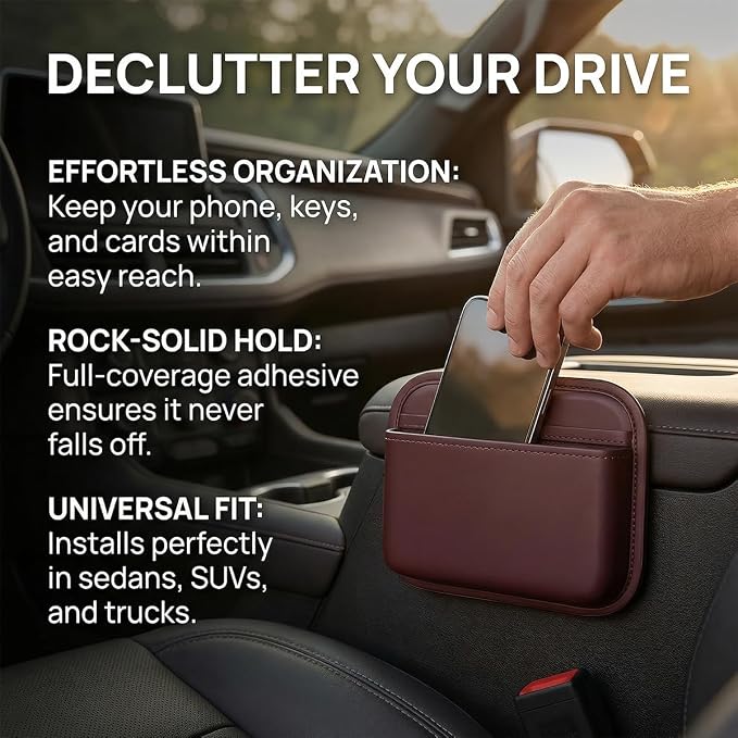Car Seat Side Pocket Organizer, Self-Adhesive Leather Vehicle Seat Console Storage Pouch Box for Phones, Keys, Pens, Auto Interior Door Organizer Pocket Bag, Universal for Vehicles (Wine Red) - Image 3