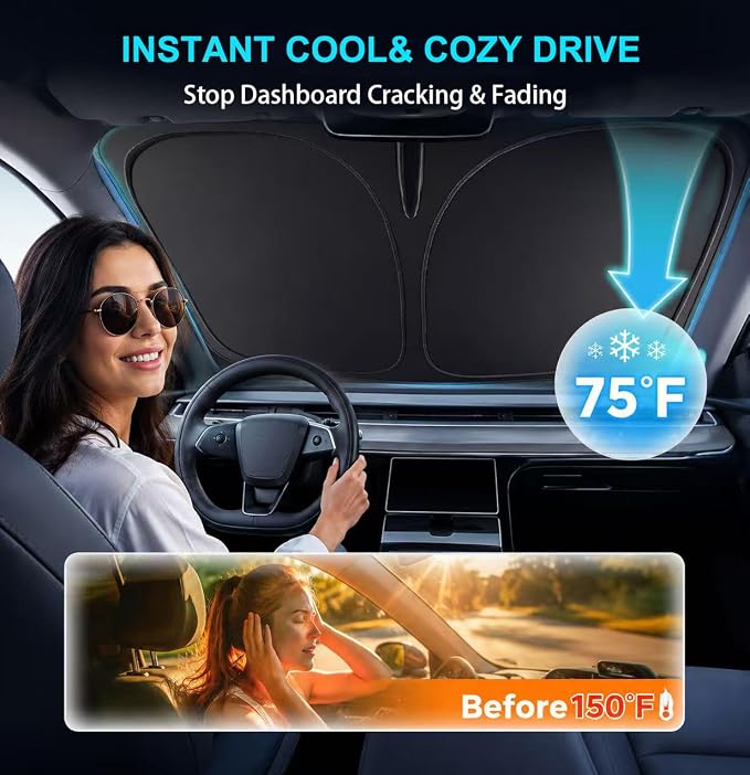 2026 New Upgrade Car Windshield Sun Shade Umbrella 300T Oxford | 55.12 × 27.6 Inch Fits Sedan SUV Truck Blocks UV & heat scratch resistant foldable with storage pouch protects dashboard - Image 4