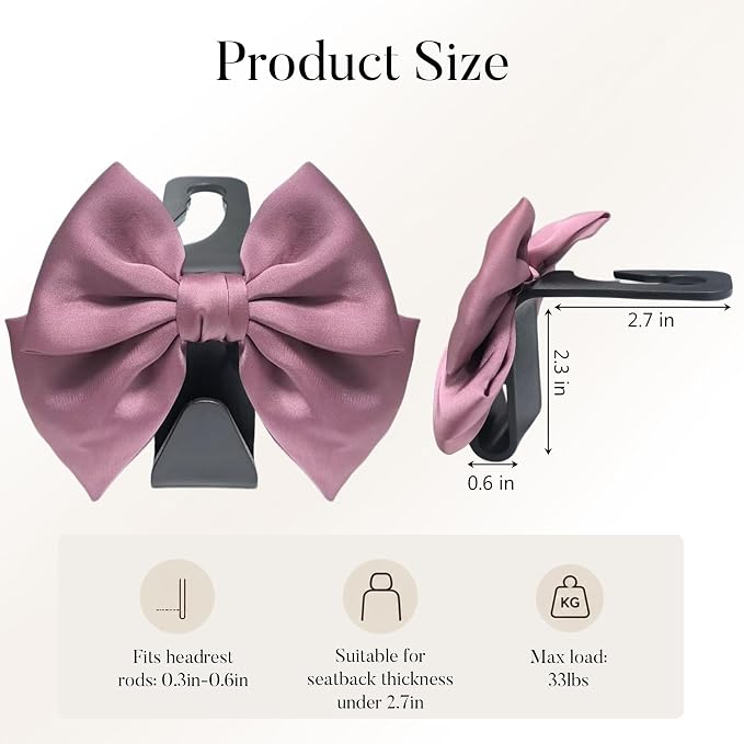 2-Pack Cute Bow Car Purse Hooks, Headrest Hangers, Leather pink | Cute bow hooks keep purses and bags organized within reach while saving space; fits most car headrests - Image 5