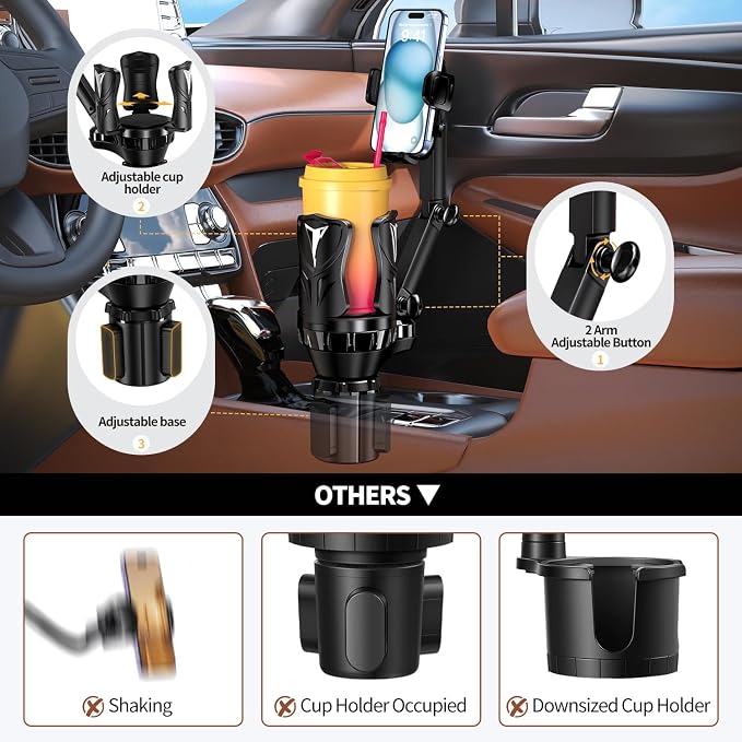 Phone Holders for Your Car, 2 in 1 Adjustable Stable Car Cup Phone Holder | Secure Hold, Multi-Scenario Use for Drivers, Commuters & Road Trips, Universal Fit for Up to 5.31'' Drinks/Mugs/Foods - Image 4