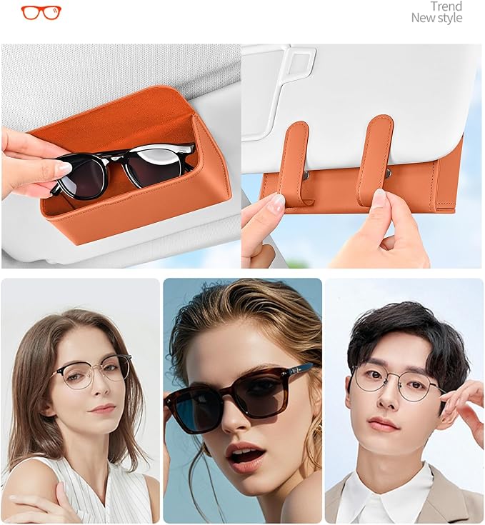 Universal Car Sunglasses Holder for Sun Visor, Premium Magnetic Leather Eyeglass Hanger Clip & Visor Organizer, Large Capacity Car Interior Accessories Fit for Women Men Orange - Image 7