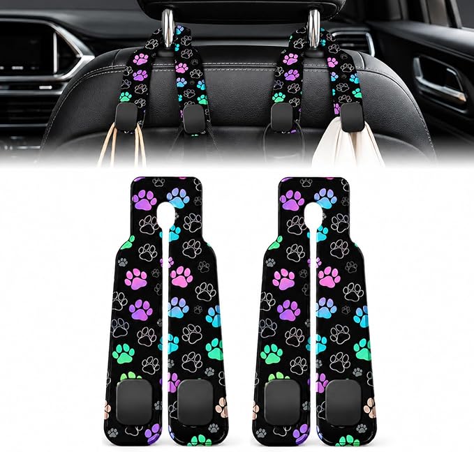 2 Pack Colorful Paw Car Headrest Hooks for Purses and Bag Seat Back Hanger | Pet Paw Print Car Accessories Metal Hook,Pet Lover Gifts for Women Men,PU Leather Double Metal Hook for Backseat Organizer by Unknown