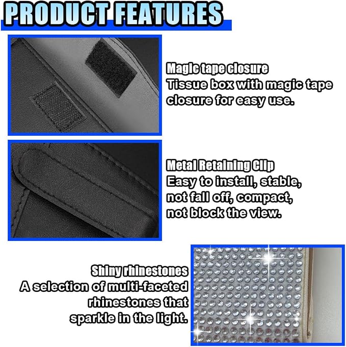 Bling Car Sun Visor Tissue Box Holder, PU Leather Auto Paper Towel Cover, Glitter Crystal Rhinestone Napkin Holder, Car Decoration Accessories for Women (Beige/White) - Image 4
