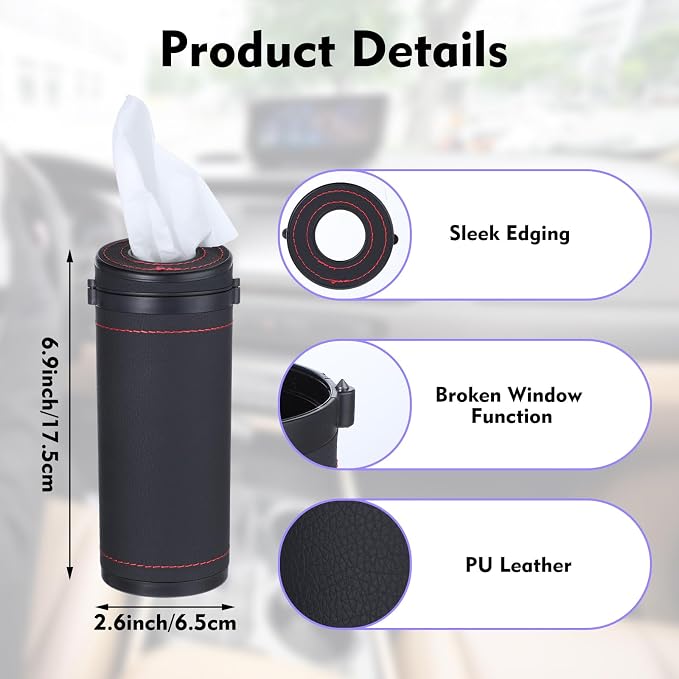 2 Pcs Leather Round Tissues Container with Tissues Cylinder Tissue Box with Window Breaker for Vehicle Bathroom Office (Black) - Image 3