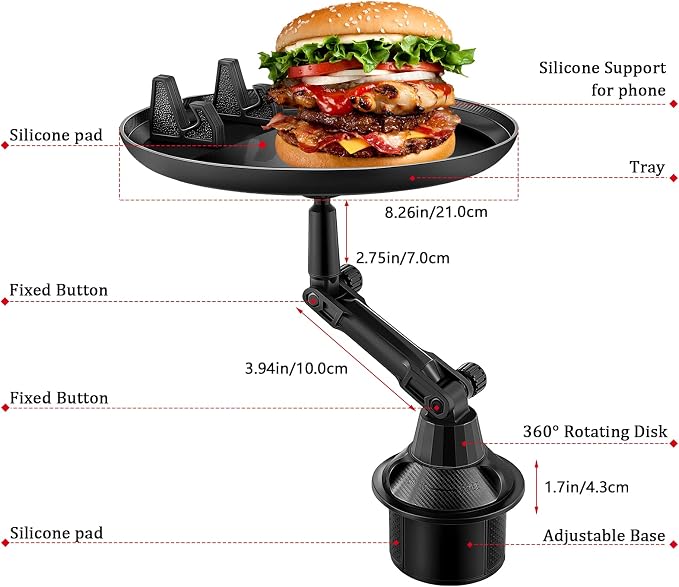 Frienda Car Cup Holder Tray, Eating Table with Phone Slot, 360 Swivel | Universal Fit Vehicle Boats Golf Carts, Adjustable Height Angle, Lap Dining Surface Adults Drivers, Durable Black Finish - Image 3