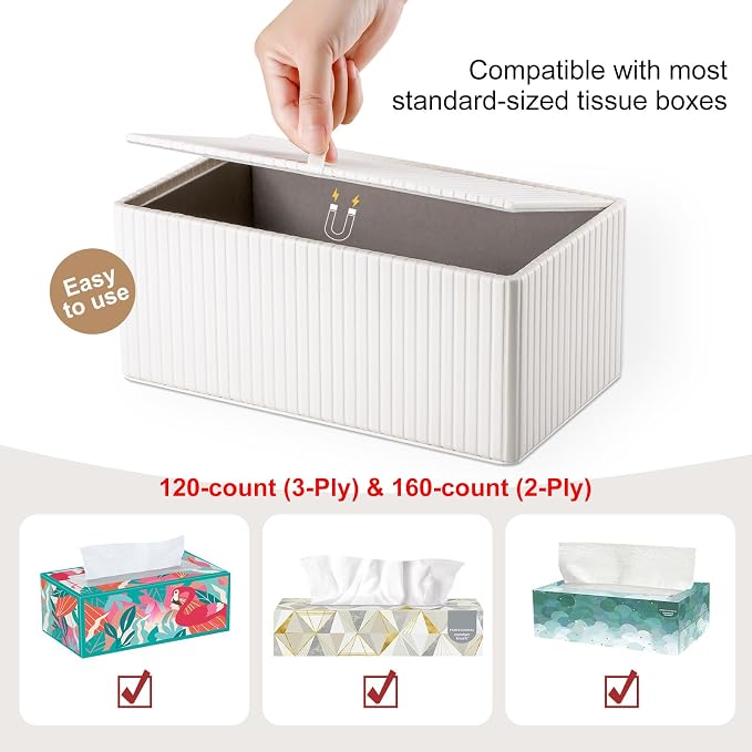 KINGFOM PU Leather Tissue Box Cover Rectangular Tissue Box Holder with Magnetic Bottom, Napkin & Facial Tissue Holder Dispenser for Home, Office for Standard 120-count/160-count (2-Ply) White Stripe - Image 5